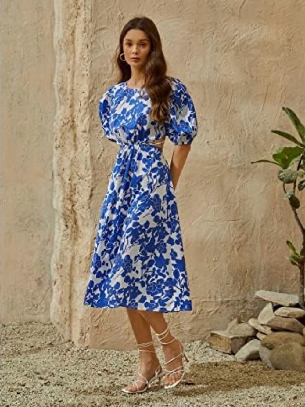 SHEIN Blue & White Floral Midi Dress with Puff Sleeves